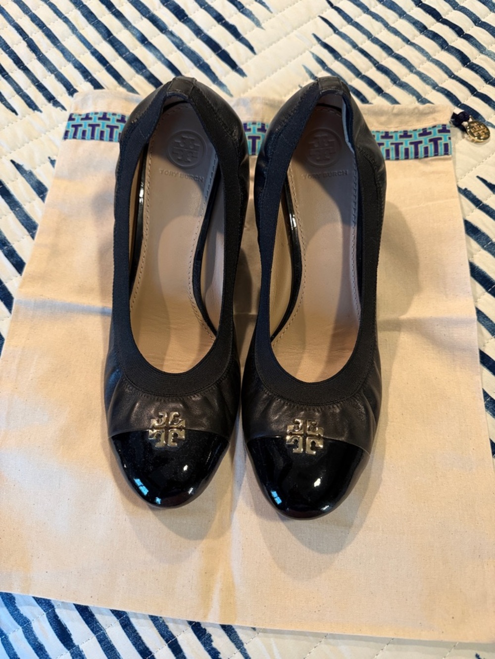Tory Burch Black Leather and Patent Cap-Toe Logo Wedges